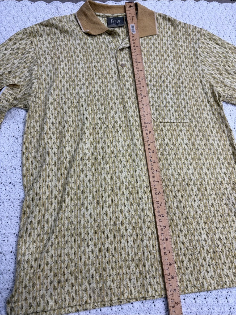 Vintage Farah Men's 100% Cotton Mustard Patterned Polo with Tan Collar Size M !!